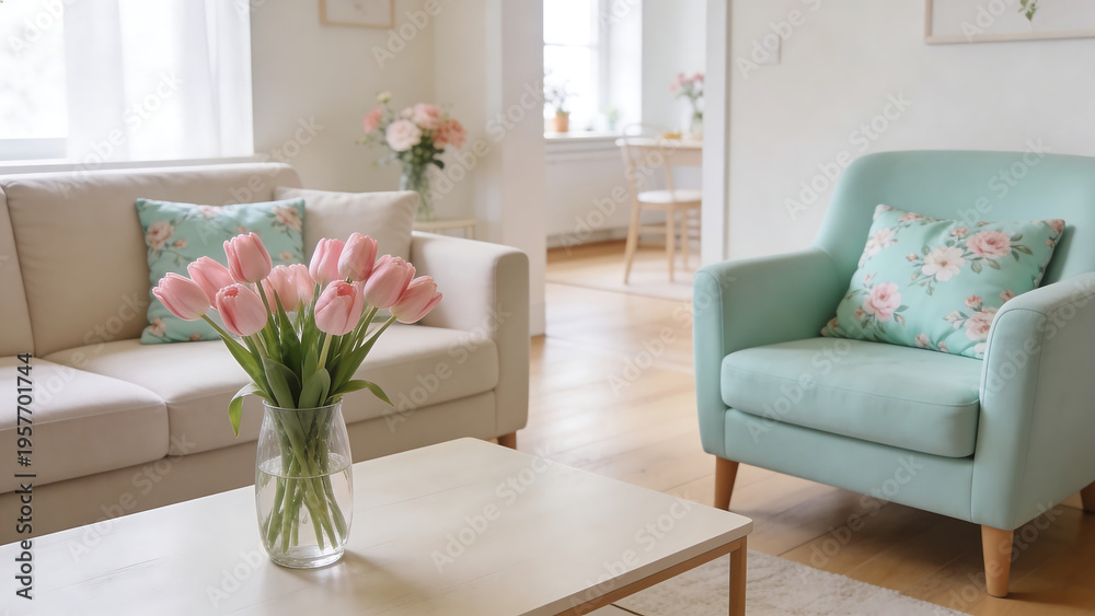 Naklejka premium Cozy living room with pastel decor and bouquet of pink tulips