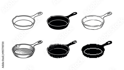 Collection of six different cast iron skillet illustrations in various styles and formats