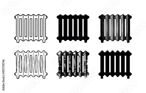 Collection of vintage cast iron radiators in various artistic styles and textures