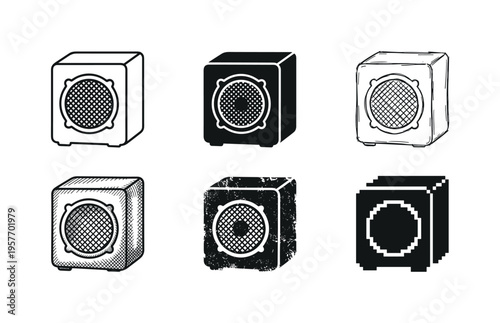Collection of six speaker icons in various artistic styles and textures for audio design