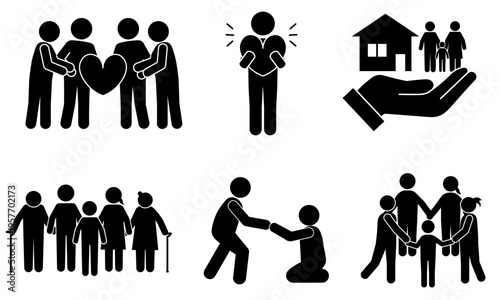 地域共生や支え合いを表す福祉ピクトグラムセットイラスト