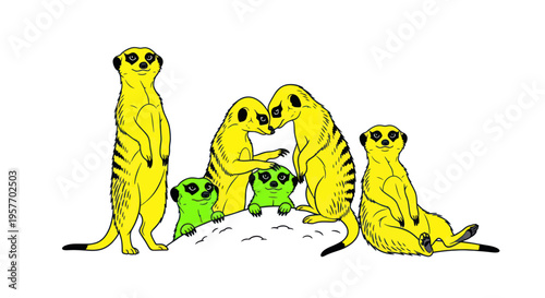 Meerkat Family Grouping, Cute Animals, Social Interaction, Wildlife Illustration