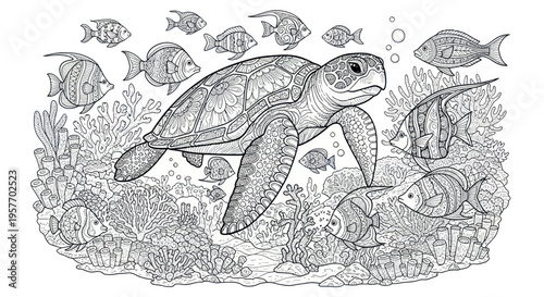 Sea Turtle Swimming with School of Fish Underwater Coral Reef Line Drawing