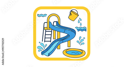 Summer Fun: Water Slide with Bucket and Pool - Vector Illustration