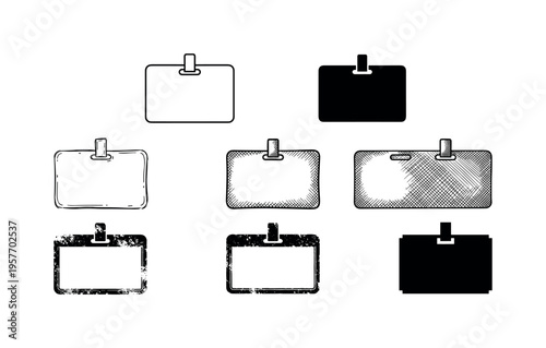 Collection of various badge designs, including hand-drawn, solid, and textured styles