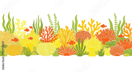 Vibrant Coral Reef Ecosystem with Small Fish and Seaweed, Underwater Nature Border