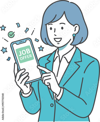 スマホで内定通知を確認する女性（ジョブオファー・採用・転職成功）