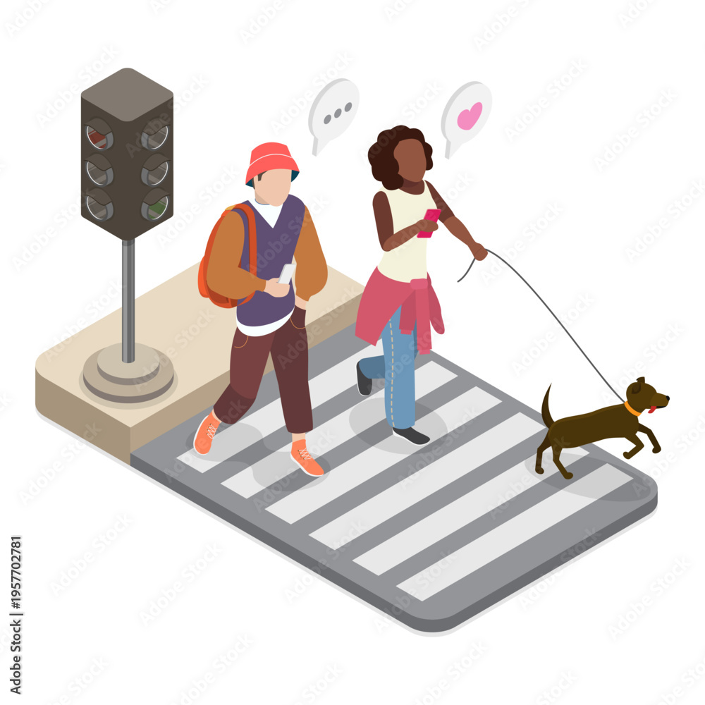 Obraz premium 3D Isometric Flat Vector Illustration of Crosswalk and Traffic Lights, City Street Pedestrians Featuring People Walking. Item 2