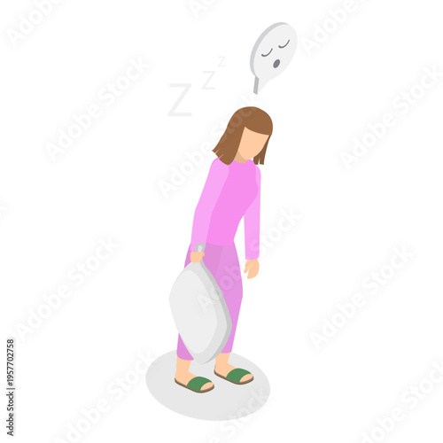 3D Isometric Flat Vector Illustration of Relaxation and Daydreaming, Woman In Pajamas Holds Fluffy Pillow, Feeling Happy And Relaxed. Item 2