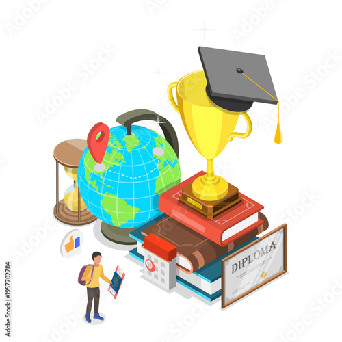 3D Isometric Flat Vector Illustration of International Study Opportunines, Studying Abroad. Item 2