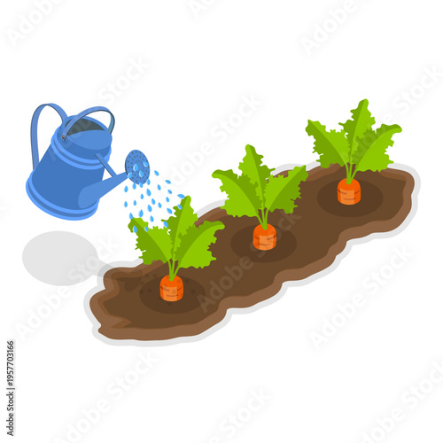 3D Isometric Flat Vector Illustration of Home Garden, Gardening Tools For Soil Preparation And Planting By People. Item 4