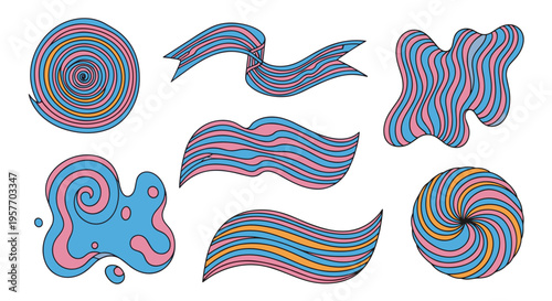 A colorful vector graphic illustration of swirling striped shapes and lines in a modern flat design style