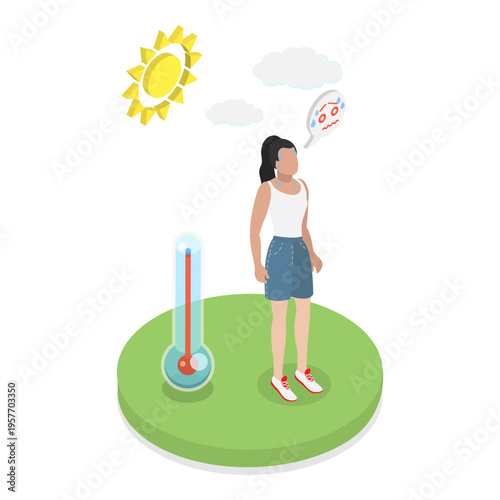 3D Isometric Flat Vector Illustration of Uncomfortable Weather, Severe Weather Impacts Those Dealing With Winter Cold And Summer Heat. Item 1