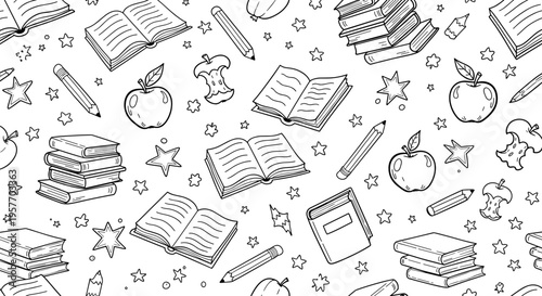 A seamless pattern of educational icons and objects in a minimalist line art style