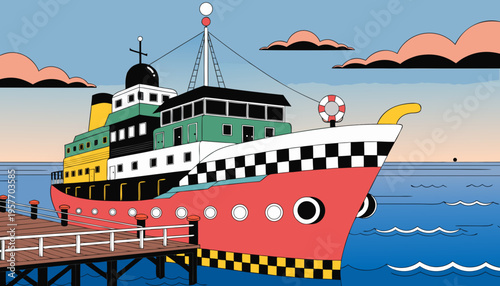 Colorful Cartoon Ship Docked at Wooden Pier on Calm Sea