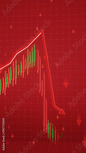 Stunning red visual of financial collapse, business risk, and sharp downturns in trading illustrated with downward bar graphs in 3D Rendering