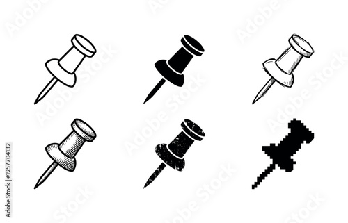 Collection of six different pushpin icons in various artistic styles and textures