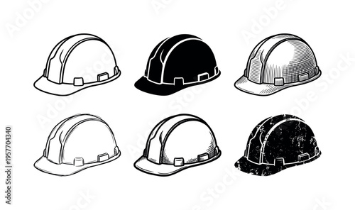 Collection of six hard hats in various artistic styles for construction and safety