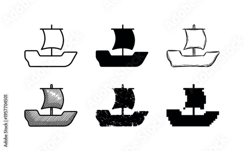 Collection of six stylized sailing ship icons in various artistic styles