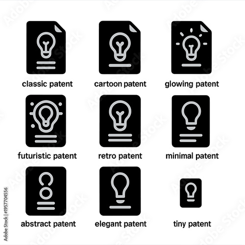 Creative patent icons collection featuring various styles and sizes