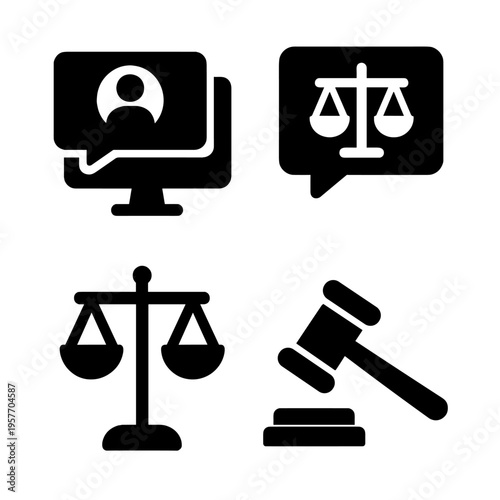 Legal technology icons: digital justice, collaboration, balance and verdict