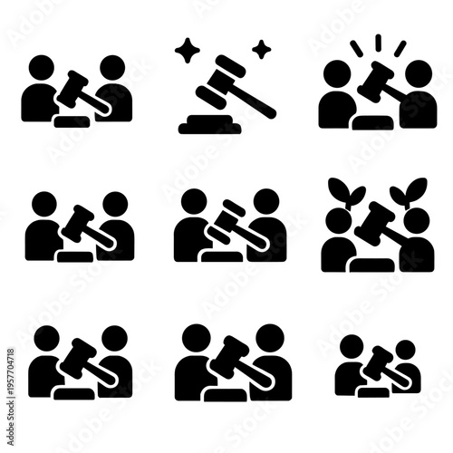 Legal icons set: justice, law, judge, lawyer, courtroom symbols collection