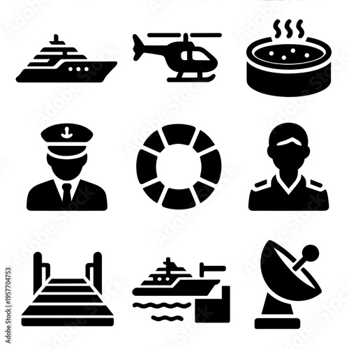 Luxury travel icons: yacht, helicopter, spa, captain, lifebuoy, satellite
