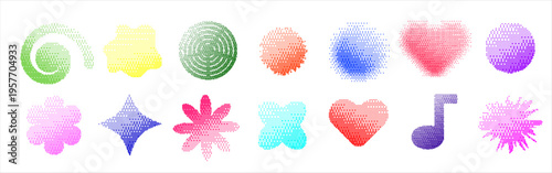 Halftone dot abstract shapes collection with colorful bitmap style elements. Modern grainy graphic forms for branding, poster design, print layout, social media visuals 