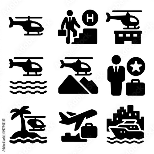 Business travel icons: helicopter, plane, and cruise ship in dark theme