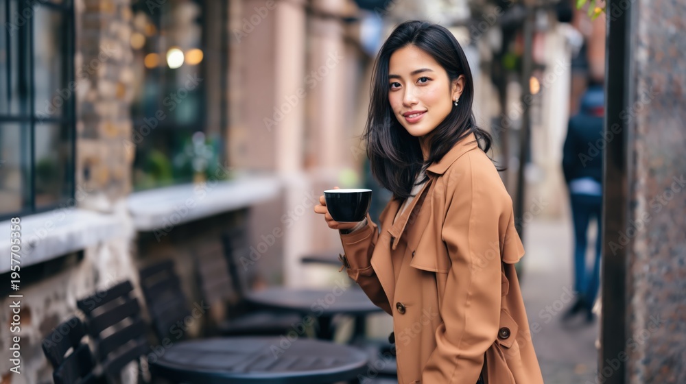 Obraz premium Asian female young adult coffee holding on outdoor cafe street wearing tan trench coat urban portrait warm light