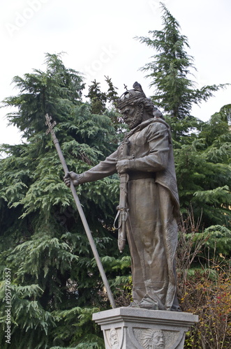 Scene with trees and sculpture of Tsar Samuel in the garden, Sofia, Bulgaria  