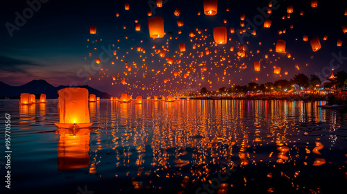 Farolillos de papel volando sobre el agua en festival nocturno, ambiente mágico de linternas flotantes con reflejos y luces, celebración tradicional, evento cultural de paz con miles de linternas