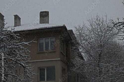 Beautiful moment of a storm with strong wind and heavy snowfall in a residential area, Sofia, Bulgaria 