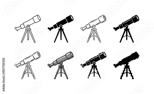 Collection of eight different telescope icons and illustrations on a white background