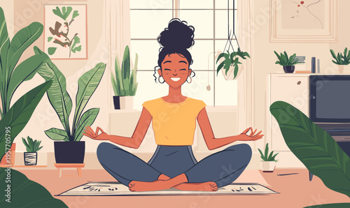 Woman meditating peacefully in a room filled with lush green houseplants and natural light