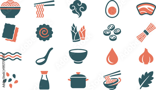 Collection of stylized two-color icons representing various essential ingredients for preparing delicious ramen noodles.