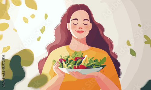 Woman enjoying a fresh salad with eyes closed and a gentle smile, surrounded by leaves