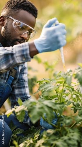 Male african adult scientist in gloves and goggles inspecting greenhouse plants with pipette precision research in horticulture
