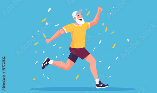 Joyful senior man running with arms raised in celebration surrounded by confetti