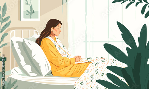 Woman in yellow robe meditating peacefully in bed with sunlight streaming through window