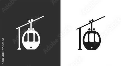 Graphic illustration of two cable car icons in white and black on contrasting backgrounds.