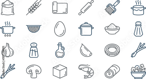 A versatile collection of modern line icons featuring essential cooking ingredients, kitchen tools, and food items for culinary design.