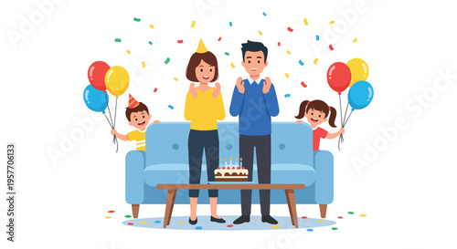 A family of four celebrating with a birthday cake on a coffee table in a living room with confetti and balloons.