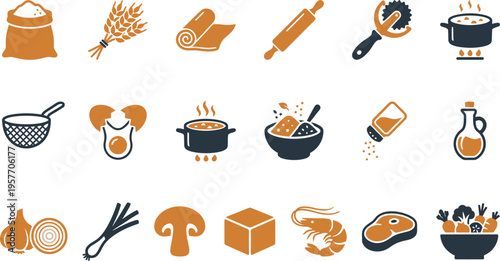 This graphic illustrates essential cooking ingredients and kitchen utensils, including grains, spices, meats, vegetables, and kitchenware icons.