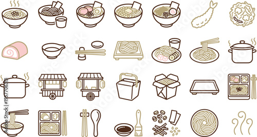 Collection of stylized Japanese noodle dishes, ingredients, and cooking utensils illustrating Asian cuisine perfectly.