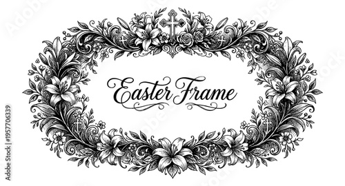 Elegant Easter floral frame with lilies and crosses in vintage sketch style