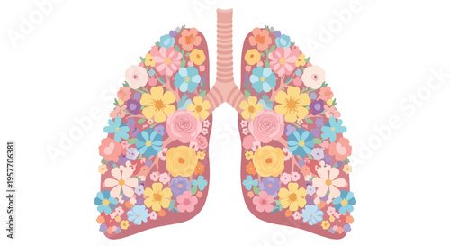 A colorful illustration of lungs covered in vibrant flowers against a plain white background with a creative and healthy theme.