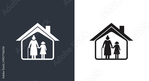 Two black and white house icons with family silhouettes on contrasting backgrounds.