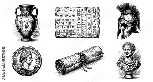 Collection of ancient artifacts and symbols representing history and civilization