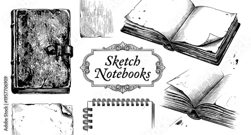 Collection of vintage sketchbooks and aged paper illustrations in black and white